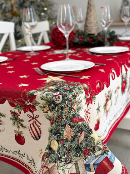 Winter Holiday Tablecloth «Red &amp; Gold» with golden thread - High quality tapestry