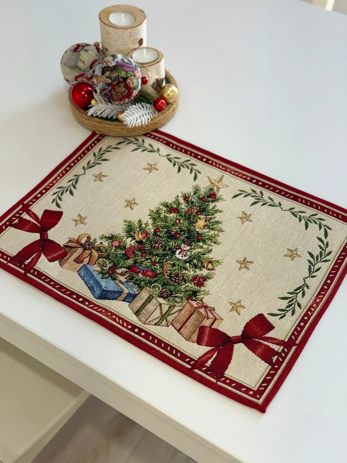 Winter Holiday Placemat set «Red &amp; Gold» with golden thread - High quality tapestry