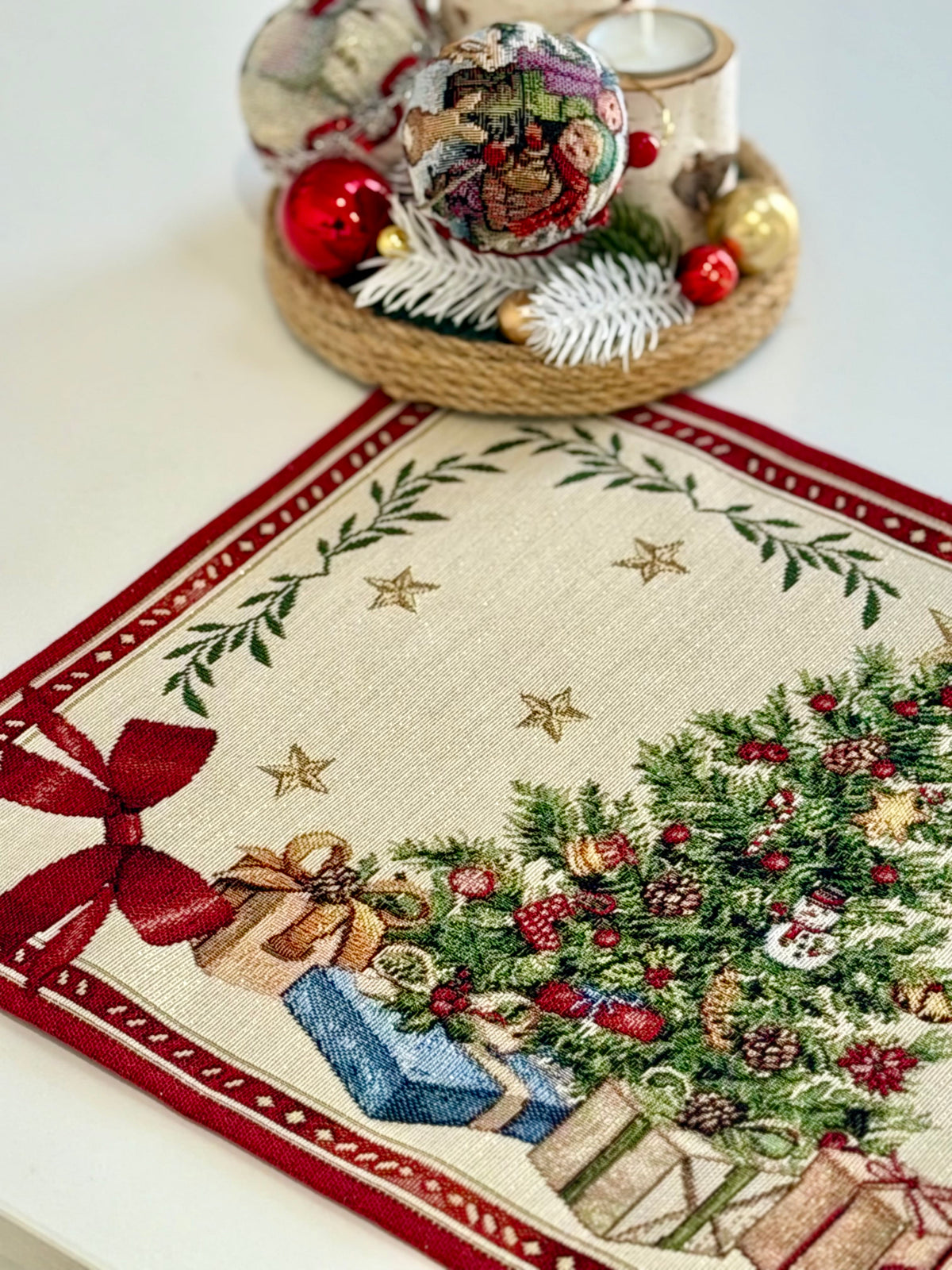 Winter Holiday Placemat set «Red &amp; Gold» with golden thread - High quality tapestry