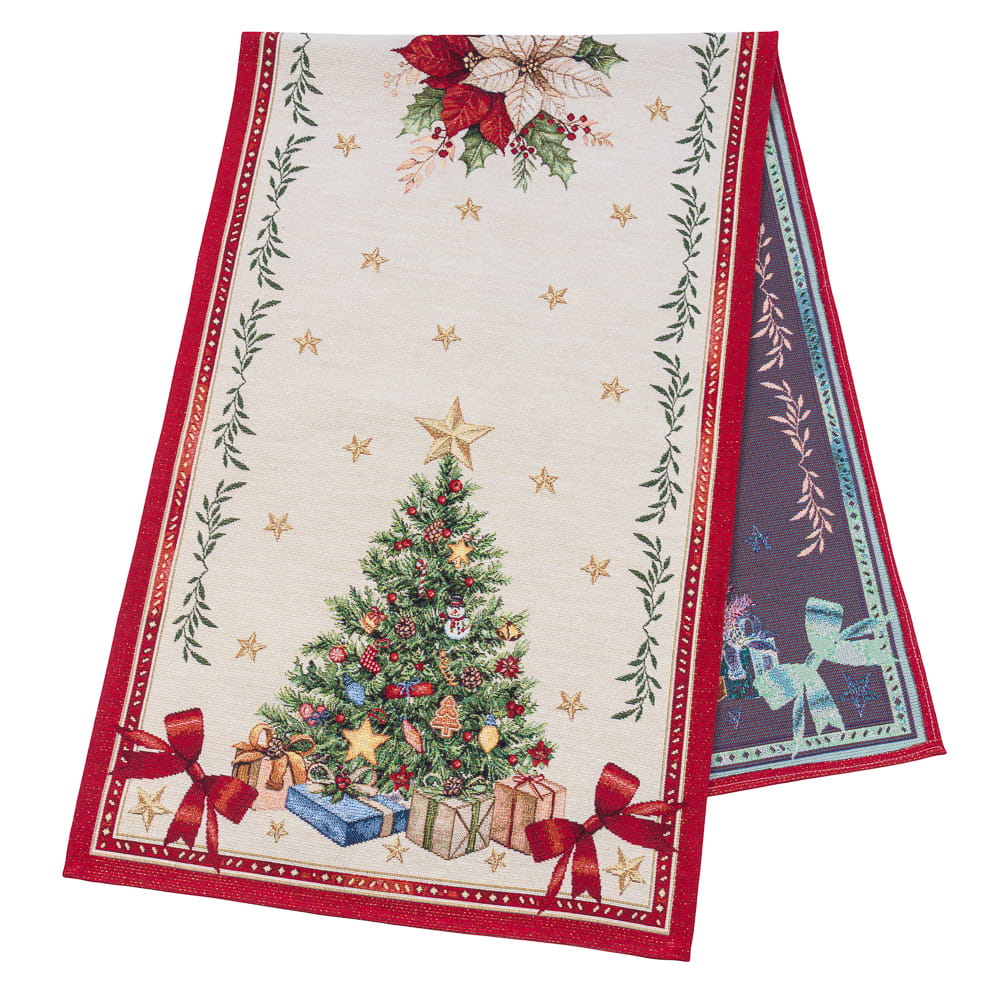 Winter Holiday Table Runner «Red &amp; Gold» with golden thread - High quality tapestry