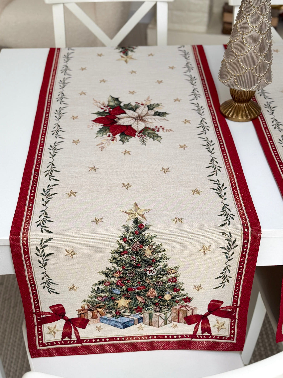Winter Holiday Table Runner «Red &amp; Gold» with golden thread - High quality tapestry