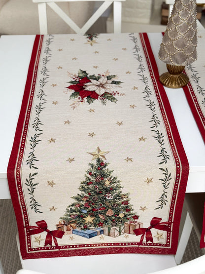 Winter Holiday Table Runner «Red &amp; Gold» with golden thread - High quality tapestry