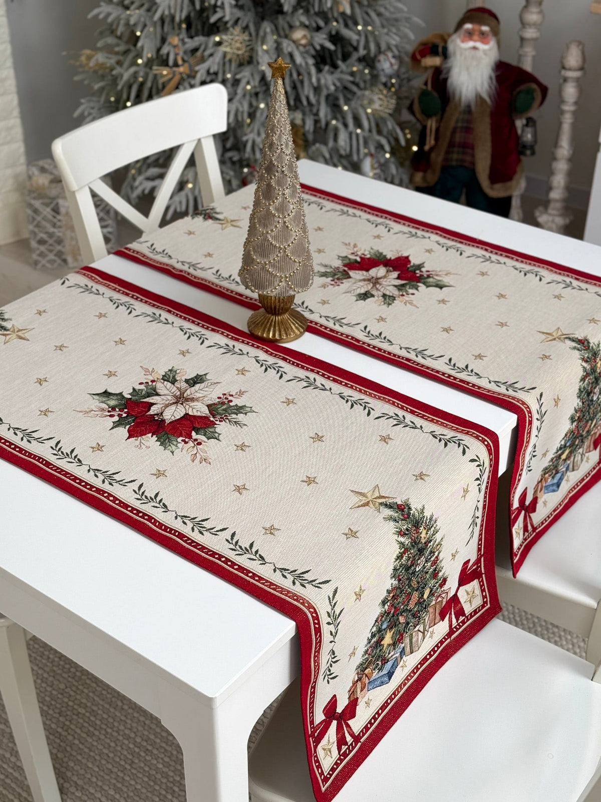 Winter Holiday Table Runner «Red &amp; Gold» with golden thread - High quality tapestry