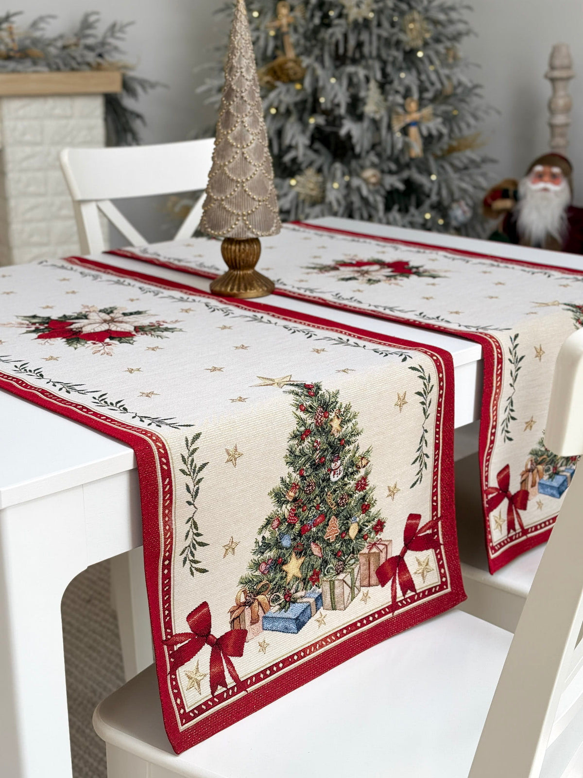 Winter Holiday Table Runner «Red &amp; Gold» with golden thread - High quality tapestry