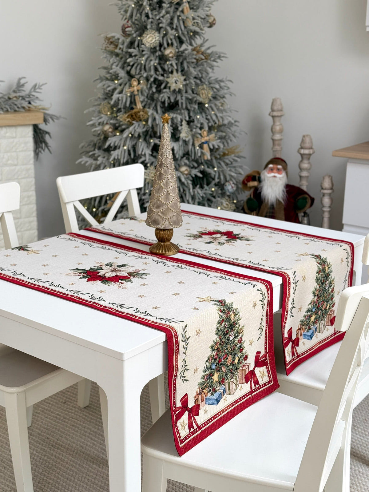 Winter Holiday Table Runner «Red &amp; Gold» with golden thread - High quality tapestry