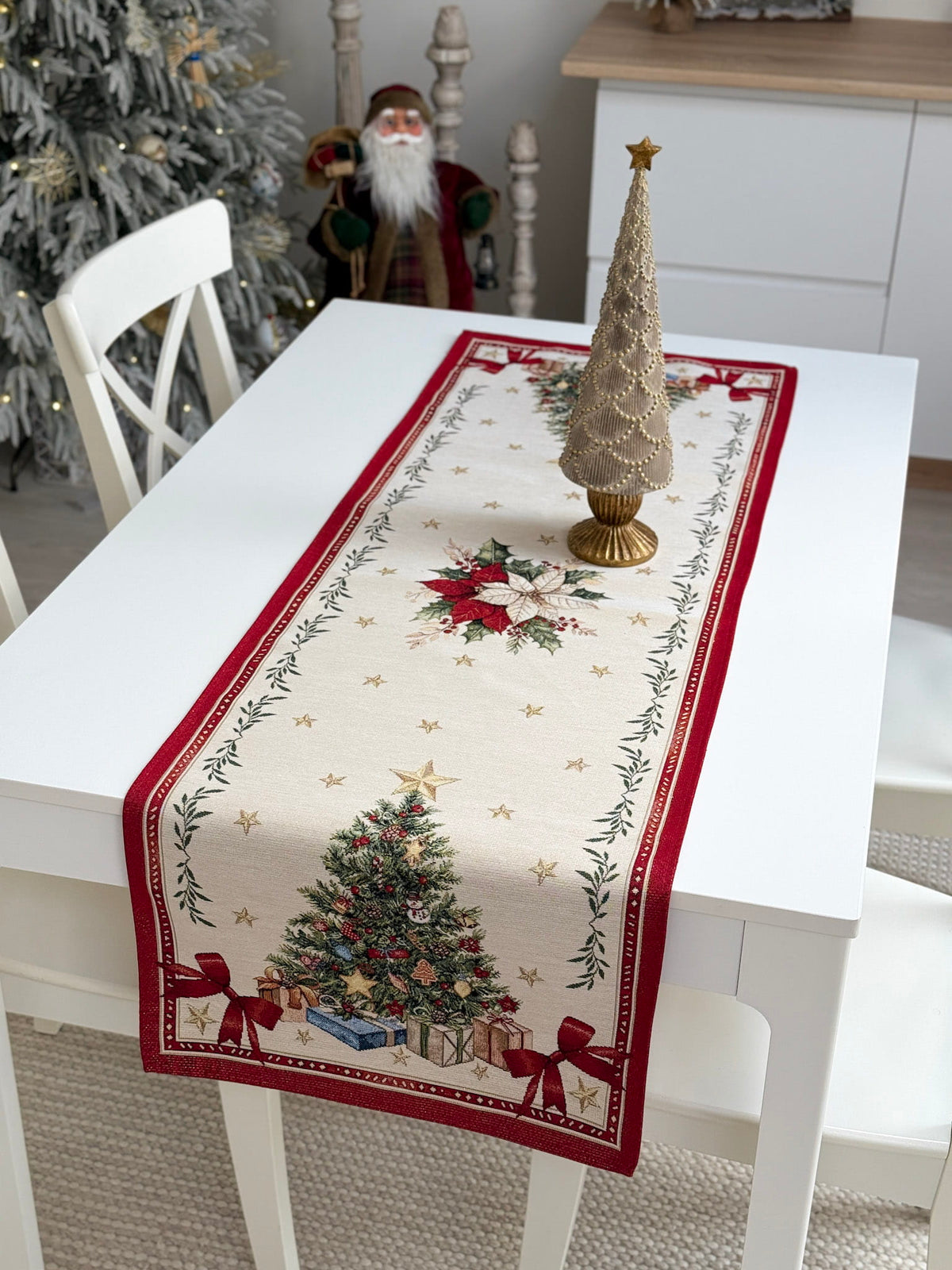 Winter Holiday Table Runner «Red &amp; Gold» with golden thread - High quality tapestry