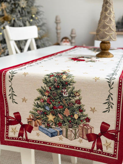 Winter Holiday Table Runner «Red &amp; Gold» with golden thread - High quality tapestry