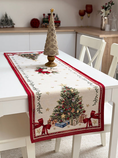 Winter Holiday Table Runner «Red &amp; Gold» with golden thread - High quality tapestry