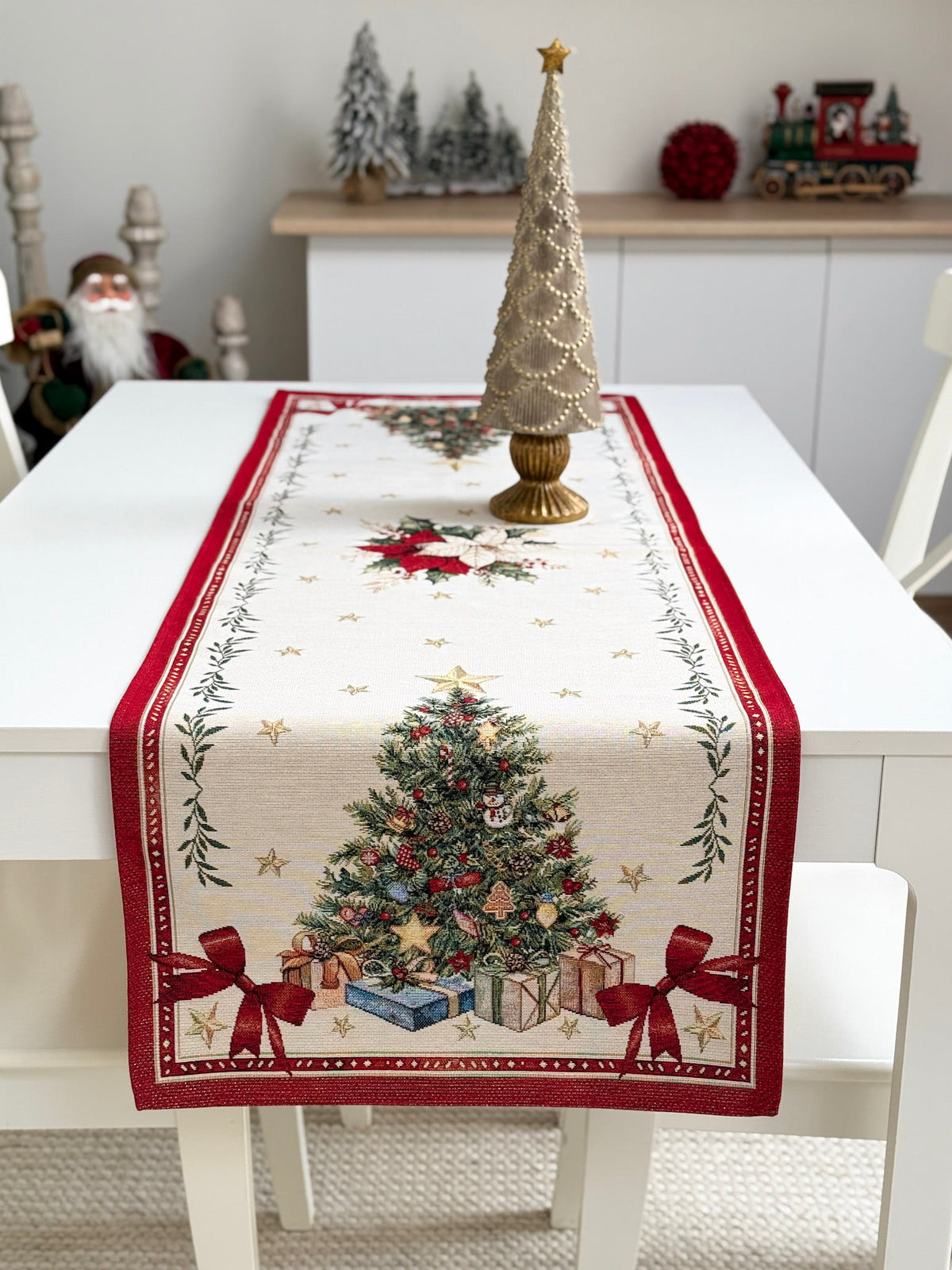 Winter Holiday Table Runner «Red &amp; Gold» with golden thread - High quality tapestry