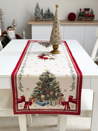 Winter Holiday Table Runner «Red &amp; Gold» with golden thread - High quality tapestry