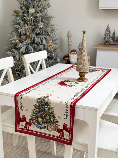 Winter Holiday Table Runner «Red &amp; Gold» with golden thread - High quality tapestry