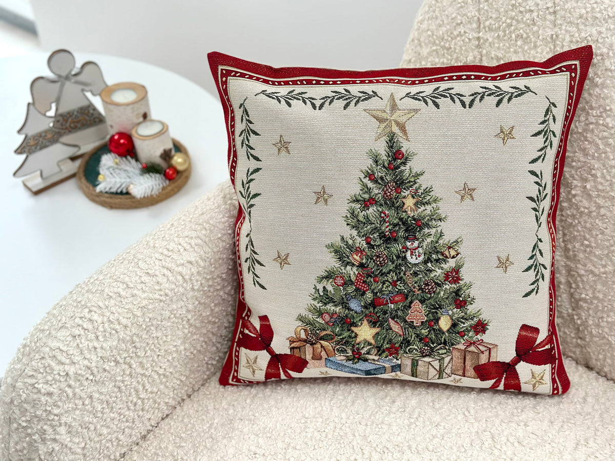 Winter Holiday Pillow cover «Red &amp; Gold» with golden thread - High quality tapestry