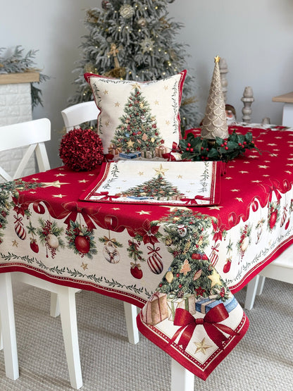Winter Holiday Tablecloth «Red &amp; Gold» with golden thread - High quality tapestry