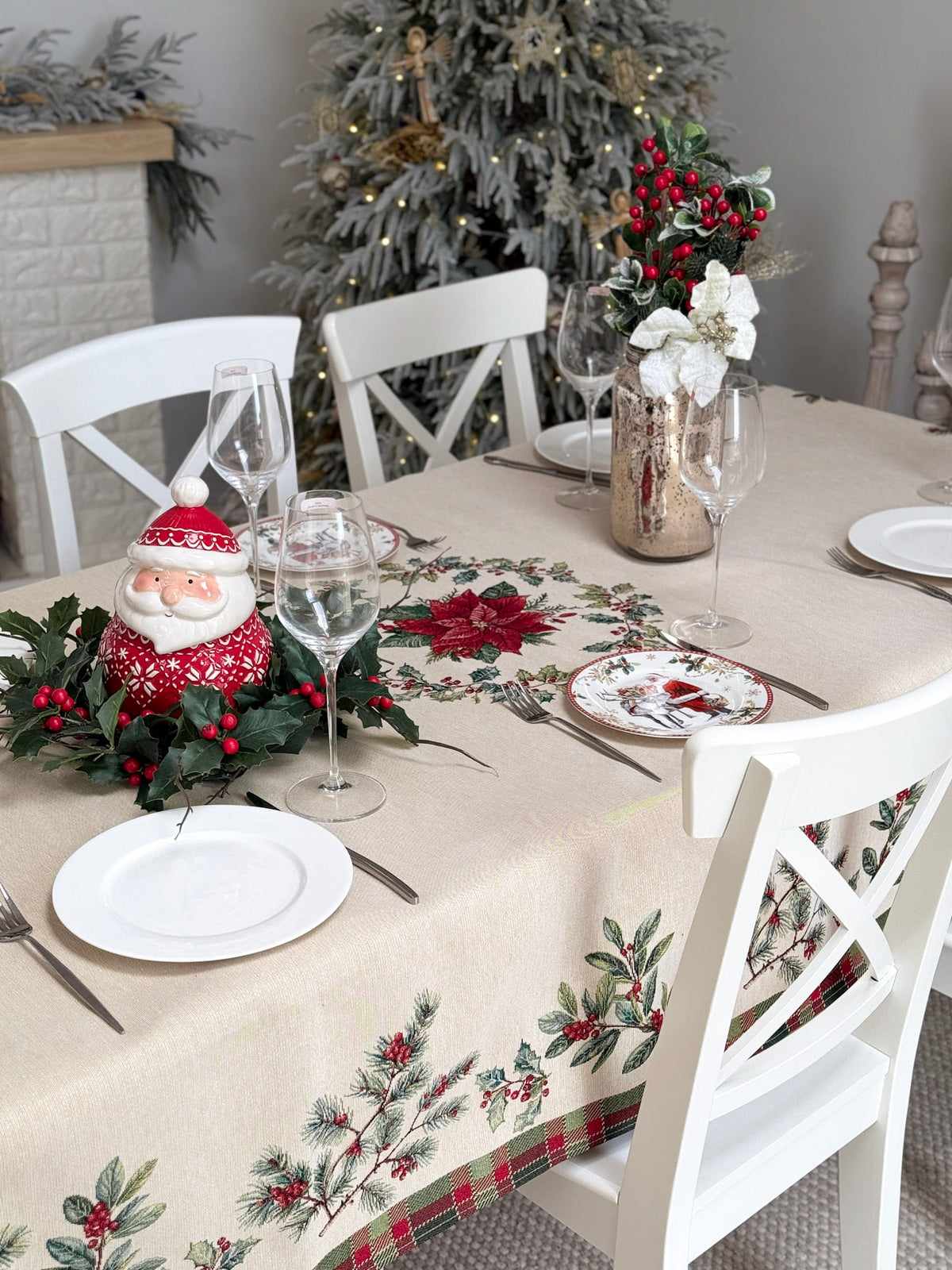 Winter Holiday Tablecloth «Christmas Botanicals» with golden thread - High quality tapestry