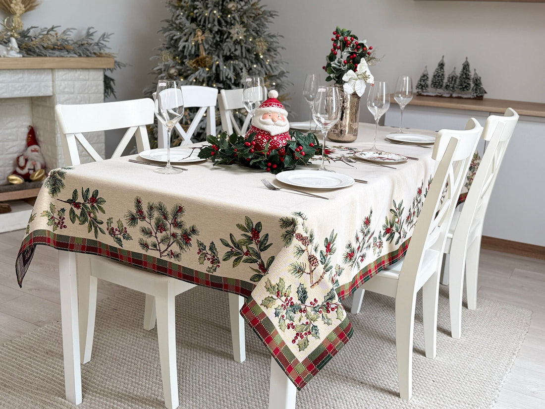 Winter Holiday Tablecloth «Christmas Botanicals» with golden thread - High quality tapestry