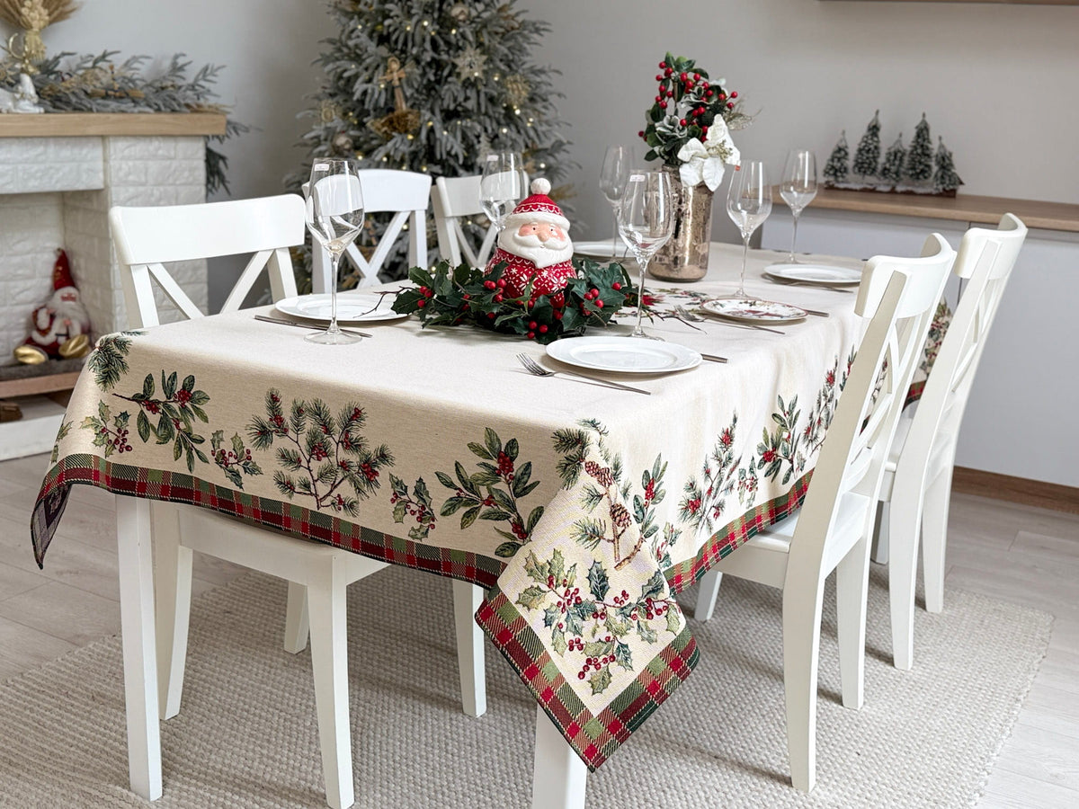 Winter Holiday Tablecloth «Christmas Botanicals» with golden thread - High quality tapestry
