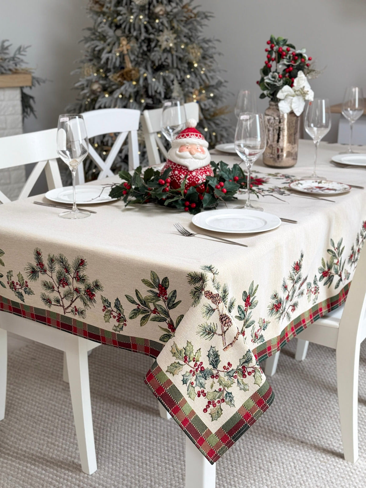 Winter Holiday Tablecloth «Christmas Botanicals» with golden thread - High quality tapestry