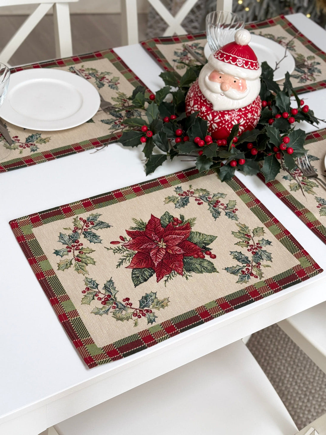 Winter Holiday Placemat set «Christmas Botanicals» with golden thread - High quality tapestry