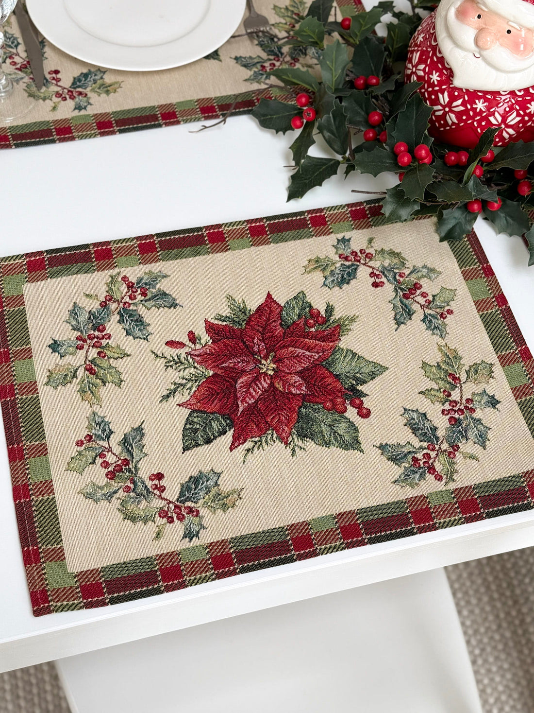 Winter Holiday Placemat set «Christmas Botanicals» with golden thread - High quality tapestry