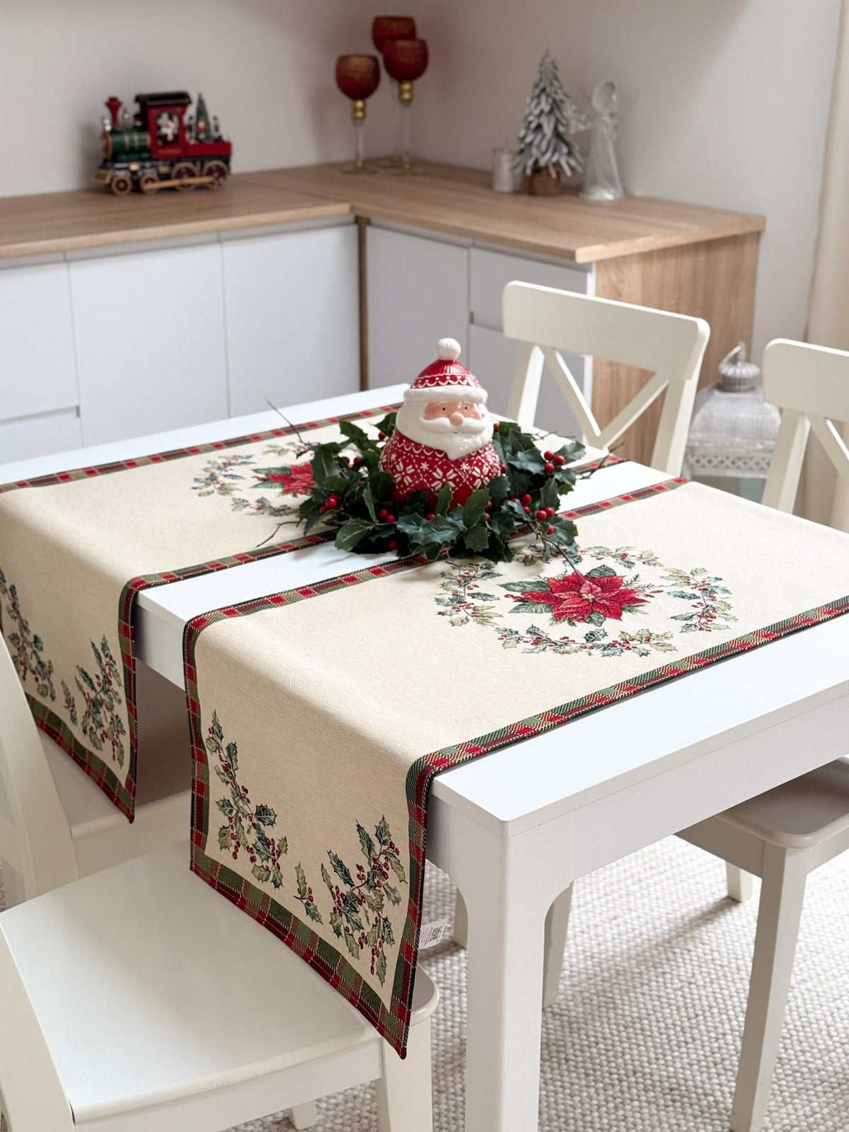 Winter Holiday Table Runner «Christmas Botanicals» with golden thread - High quality tapestry