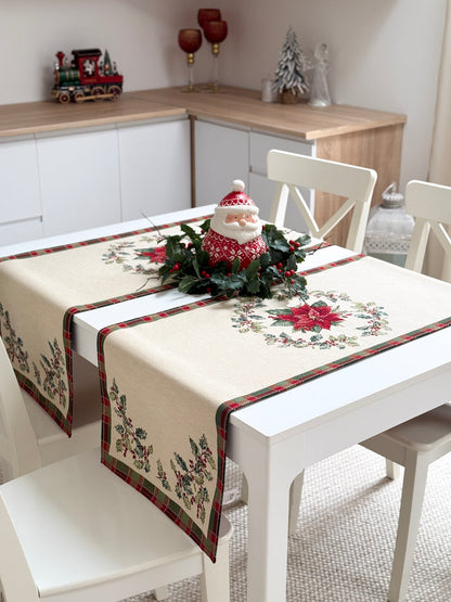 Winter Holiday Table Runner «Christmas Botanicals» with golden thread - High quality tapestry