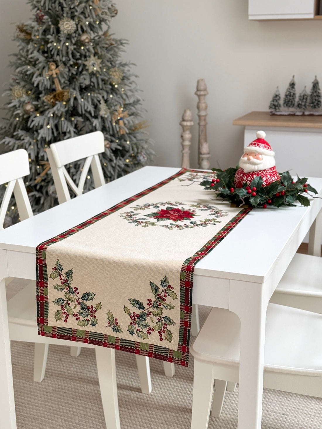 Winter Holiday Table Runner «Christmas Botanicals» with golden thread - High quality tapestry
