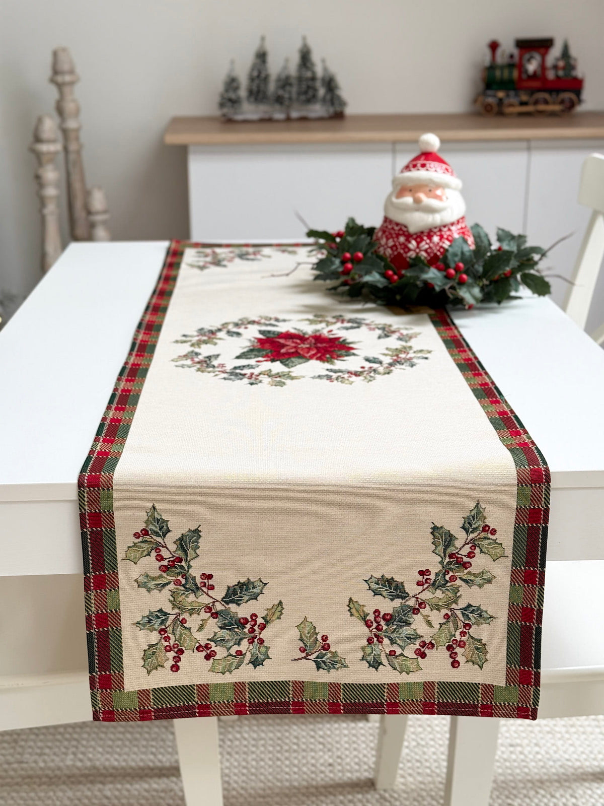 Winter Holiday Table Runner «Christmas Botanicals» with golden thread - High quality tapestry