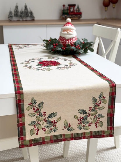 Winter Holiday Table Runner «Christmas Botanicals» with golden thread - High quality tapestry