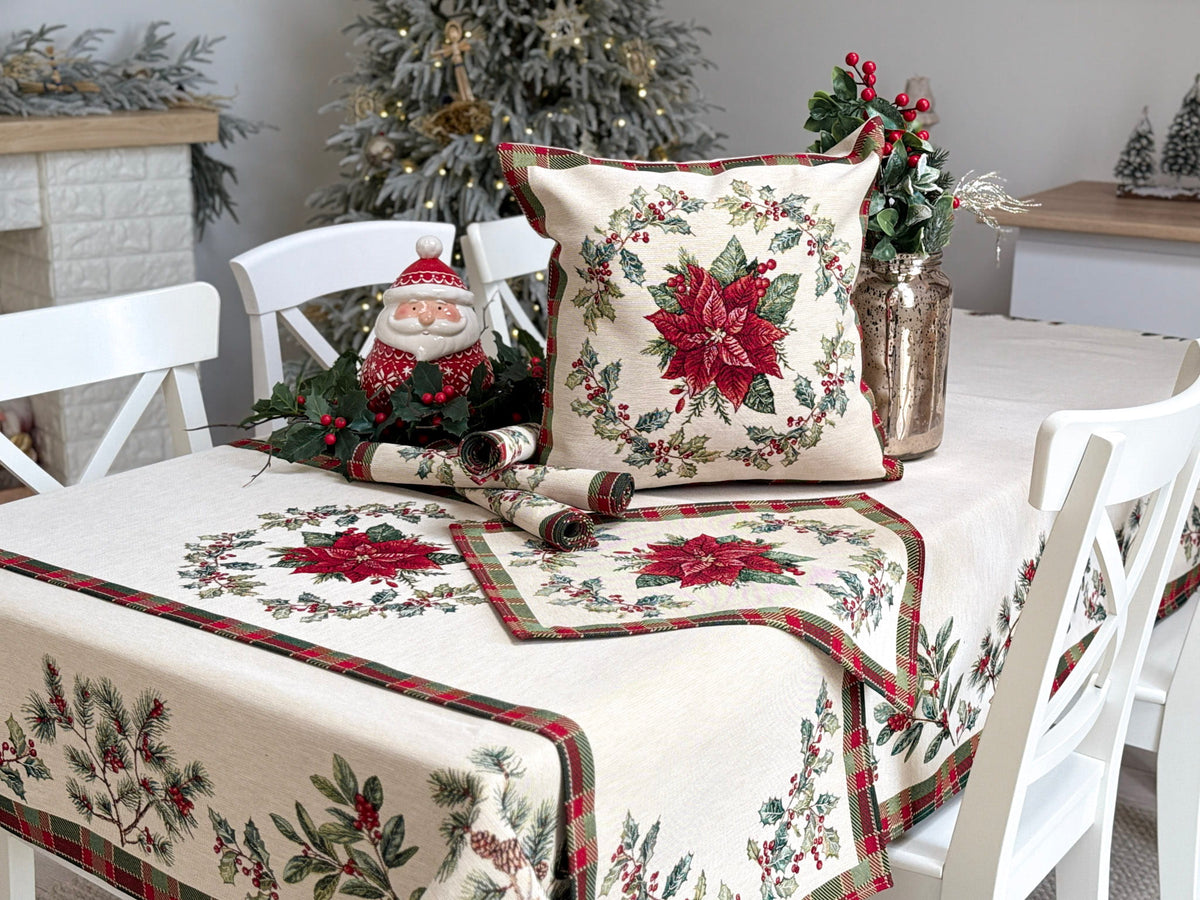Winter Holiday Table Runner «Christmas Botanicals» with golden thread - High quality tapestry