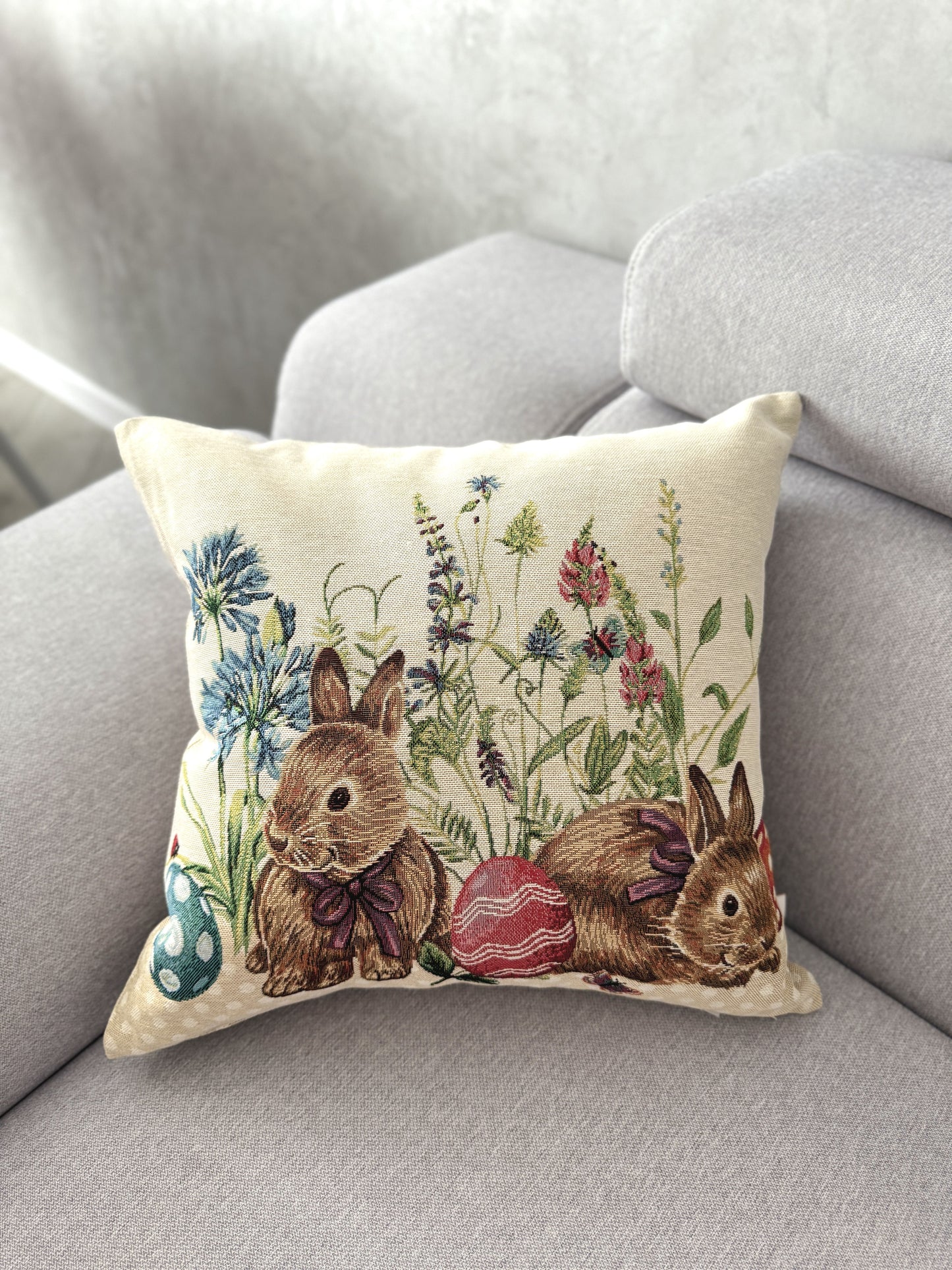 Easter tapestry cushion cover «Bunny in flowers»