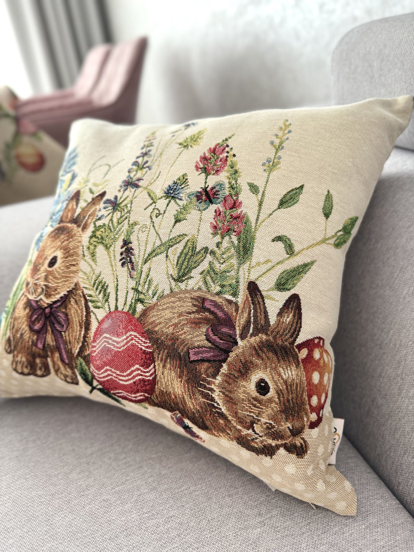 Easter tapestry cushion cover «Bunny in flowers»