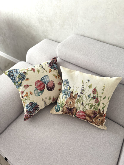 Easter tapestry cushion cover «Bunny in flowers-2»