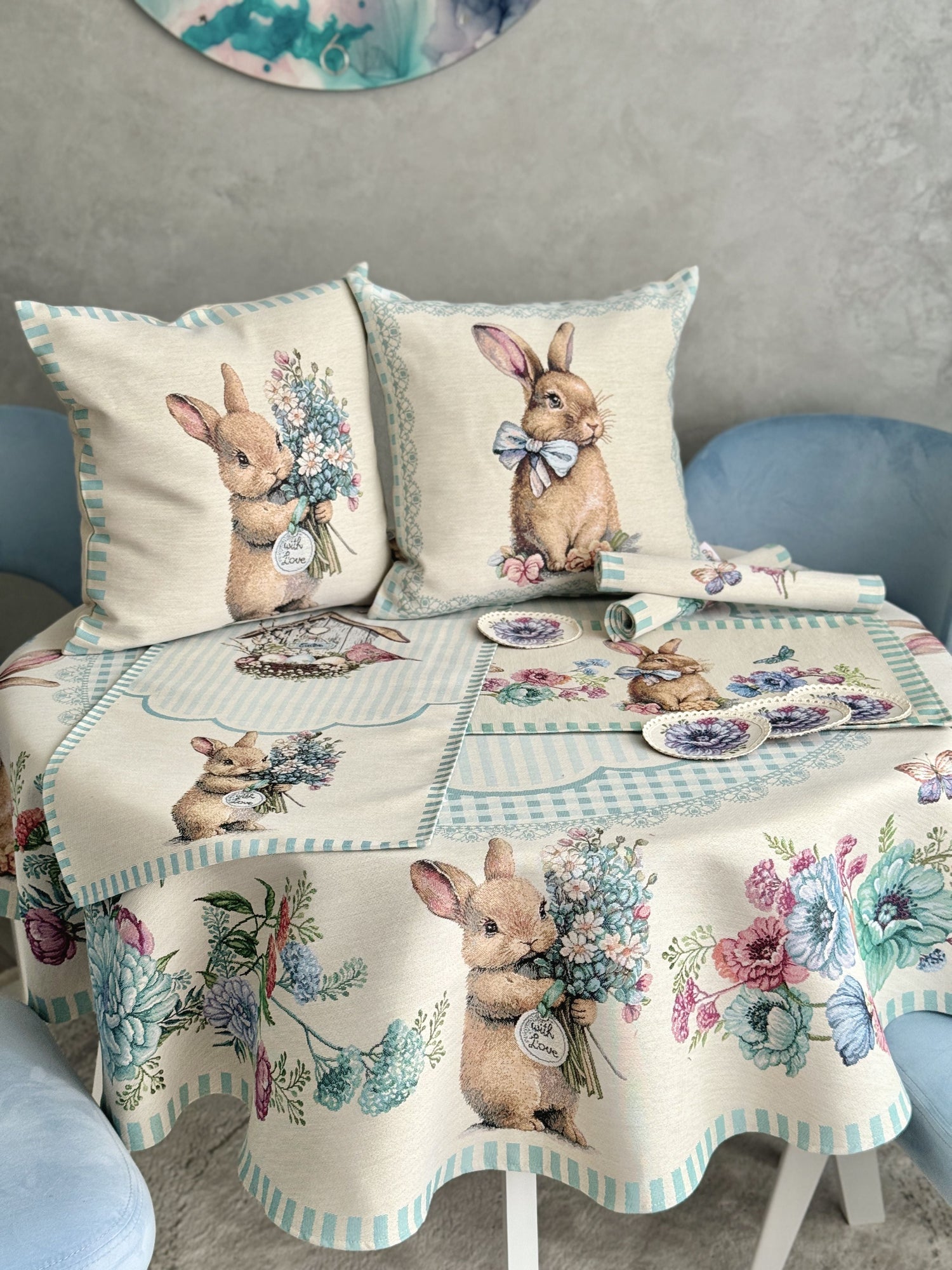Round Easter tapestry tablecloth «Blue Bunnies» Limaso Textile