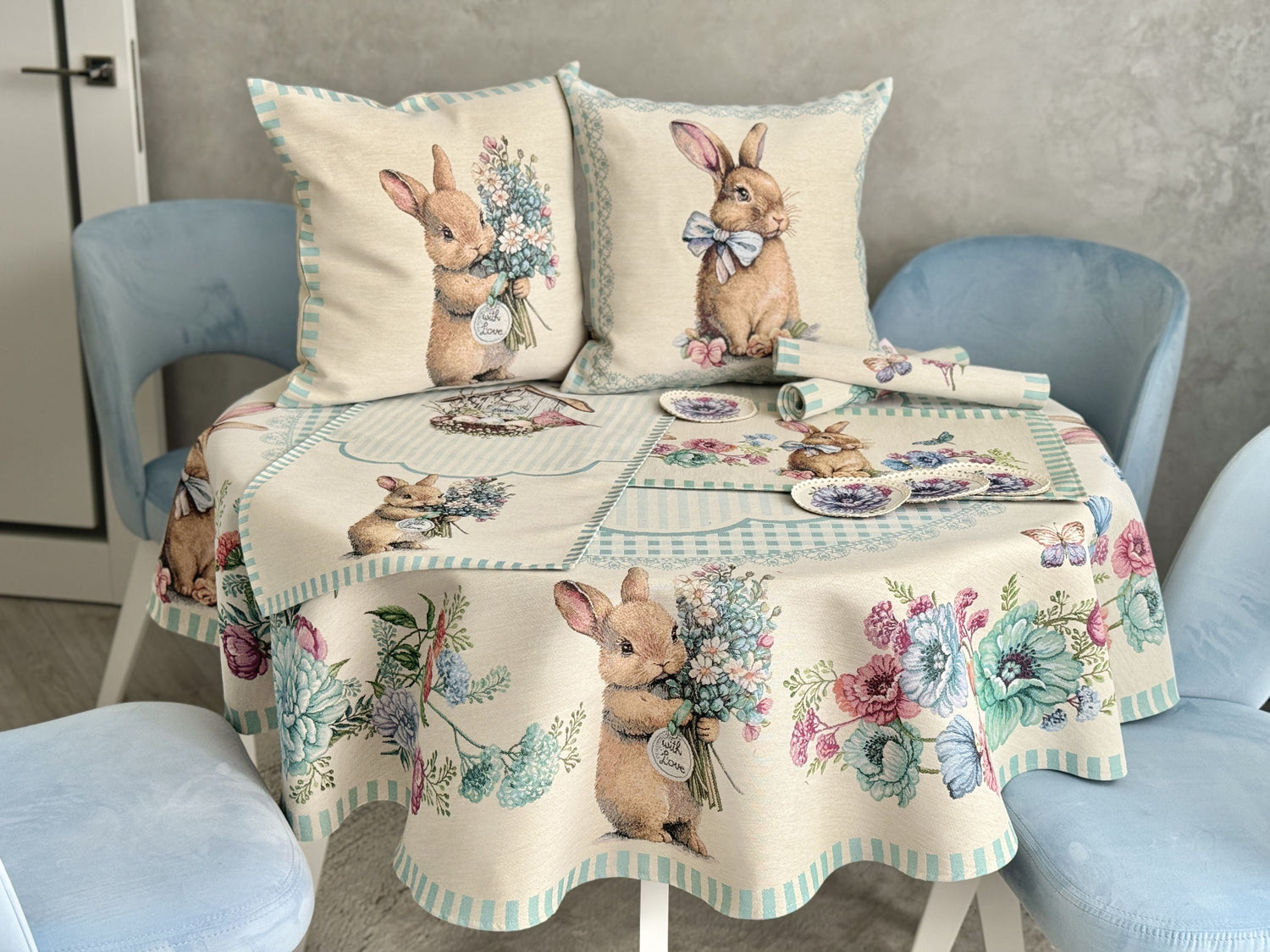 Round Easter tapestry tablecloth «Blue Bunnies» Limaso Textile