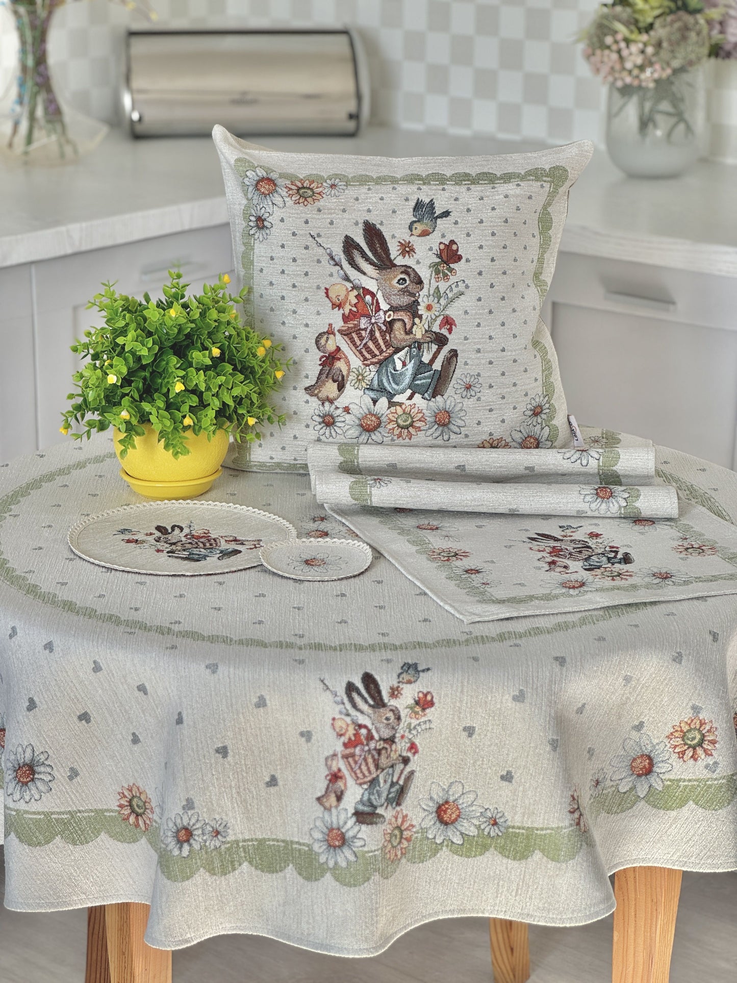 Easter tapestry cushion cover «Bunny in daisies» with microfibre