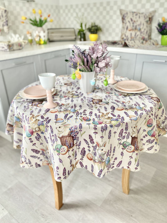 Round Easter tapestry tablecloth «Rabbit in lavender»