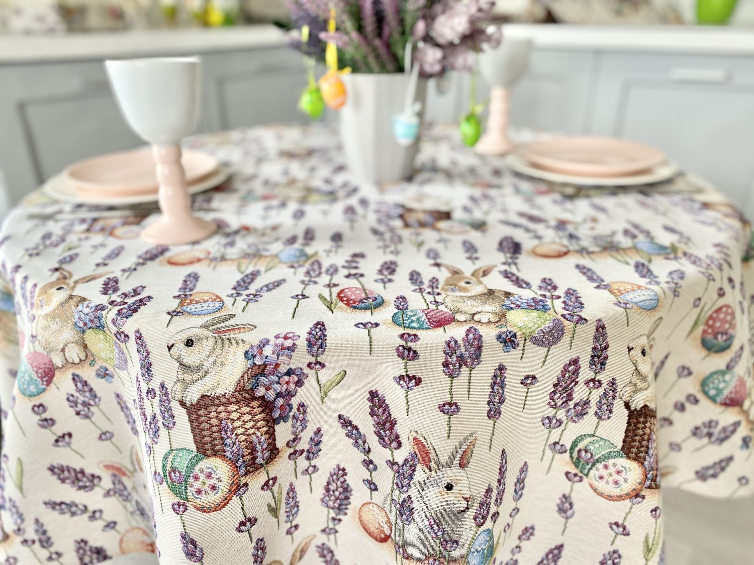 Round Easter tapestry tablecloth «Rabbit in lavender» Limaso Textile