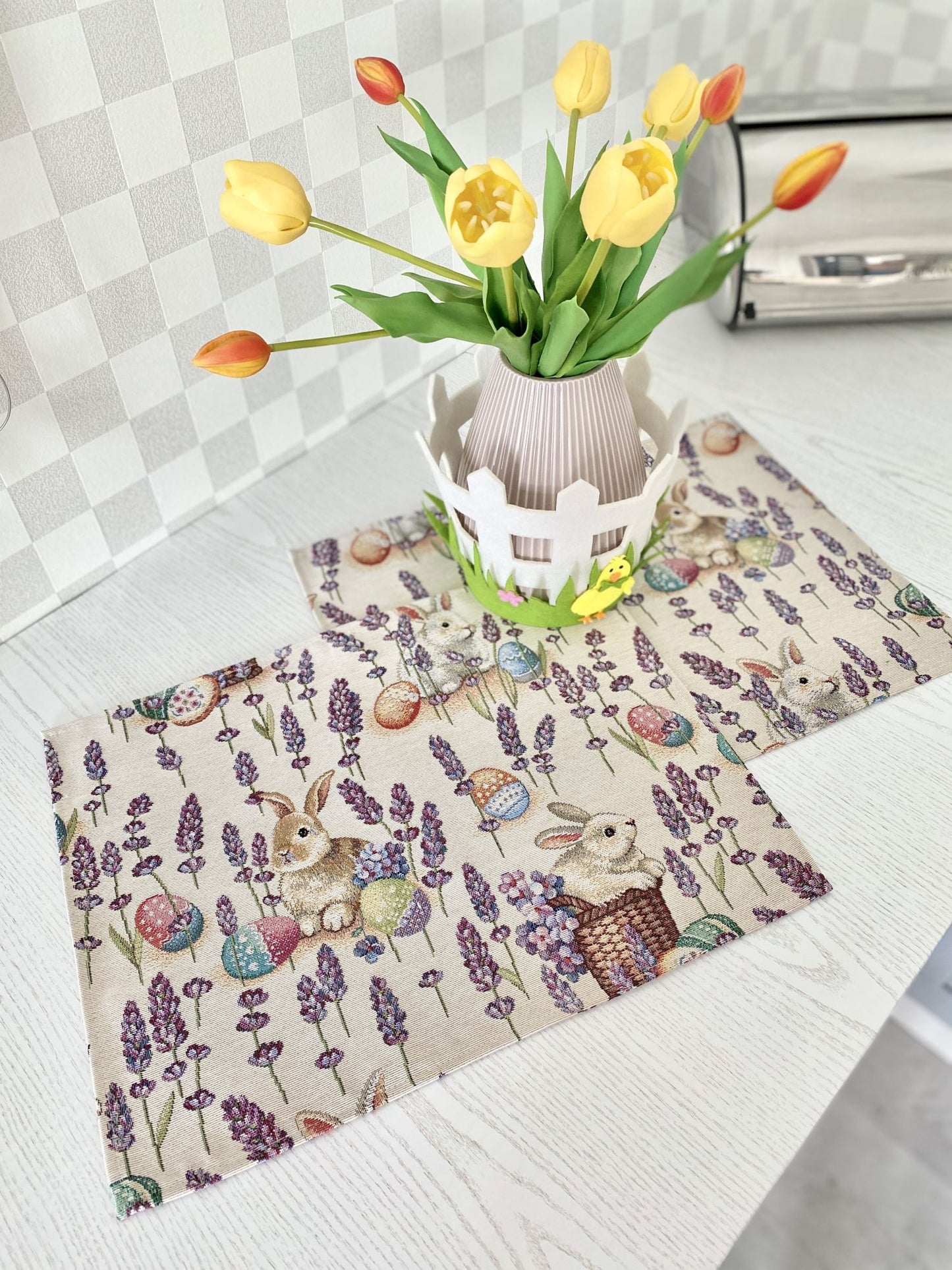 Easter tapestry Placemats set «Rabbit in lavender»