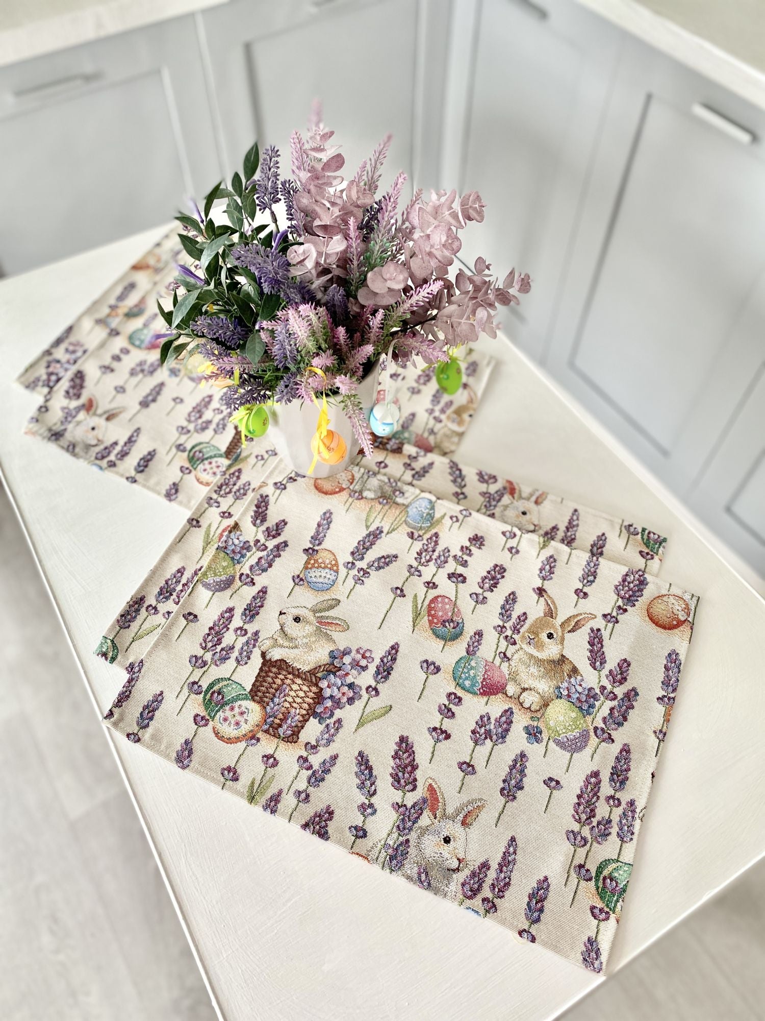 Easter tapestry Placemats set «Rabbit in lavender»