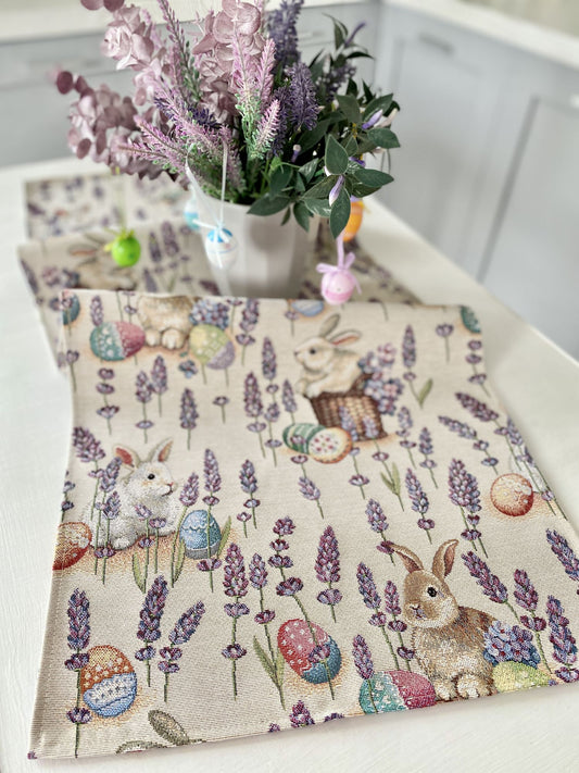 Easter tapestry table runner «Rabbit in lavender»