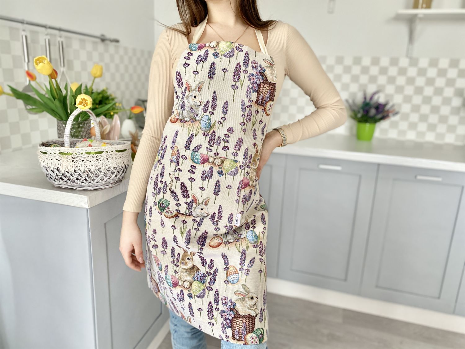 Easter tapestry kitchen apron «Rabbit in lavender» Limaso Textile