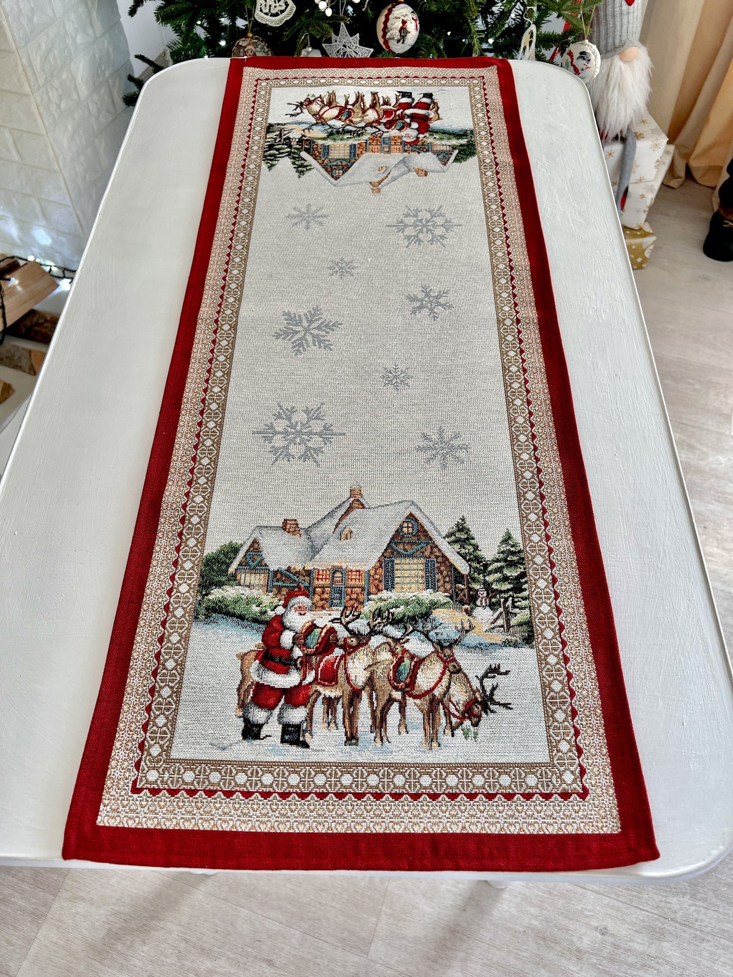 Christmas Tapestry Table runner «Frosty» with silver thread