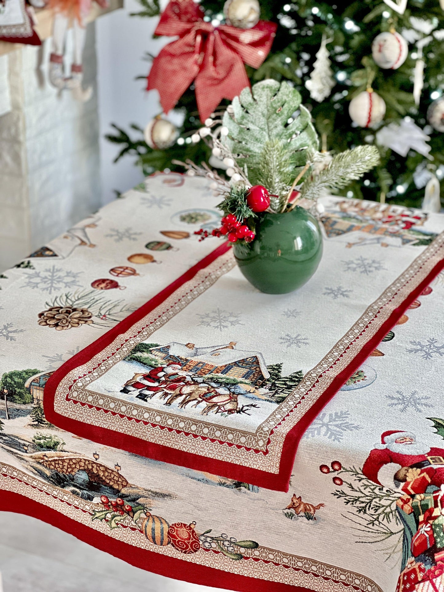 Christmas Tapestry Table runner «Frosty» with silver thread