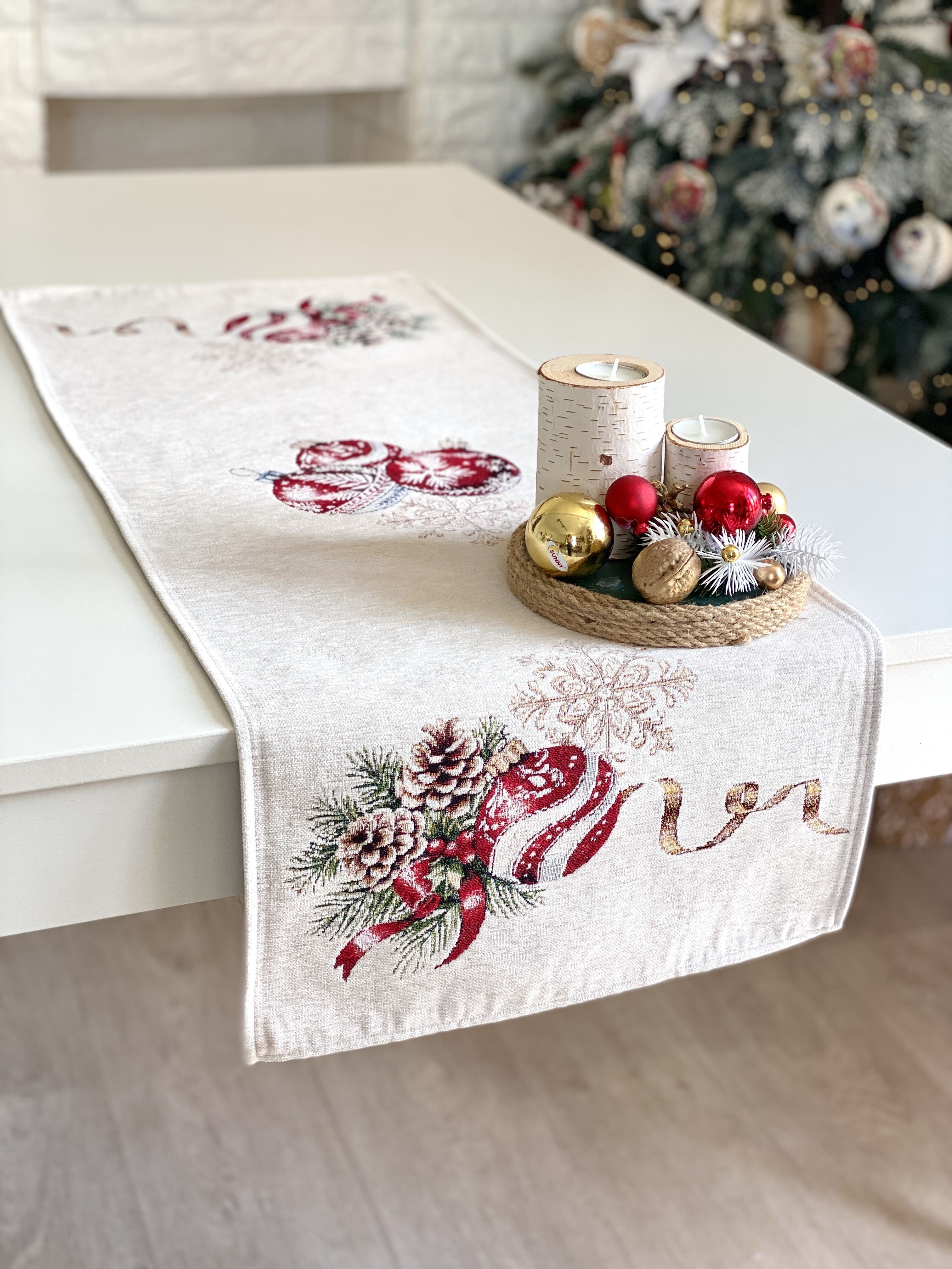 Christmas Table Runner  «Golden Noel Collection» with Microfibre &amp; Golden lurex - Premium Gobelin - Textile4Family
