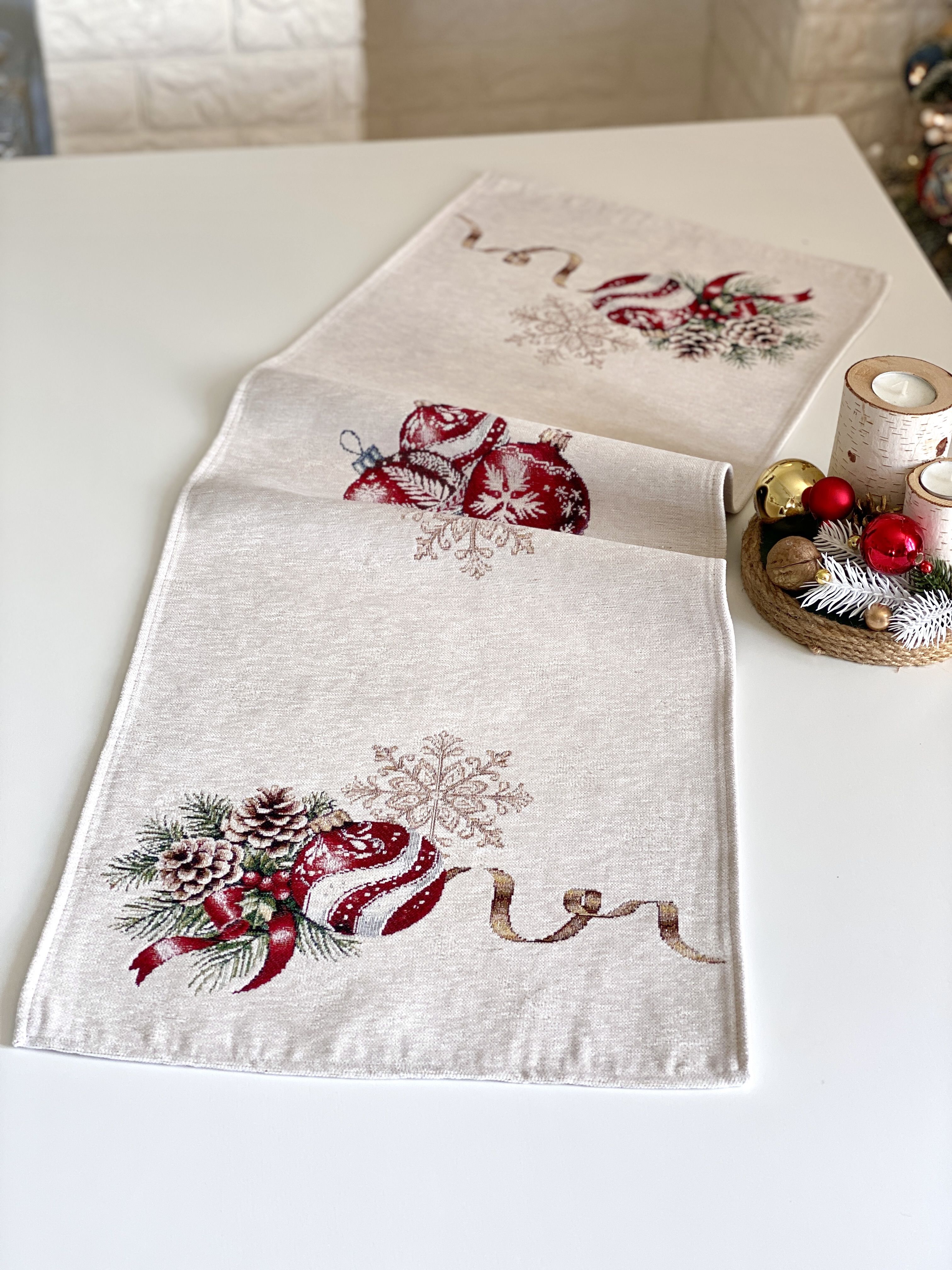 Christmas Table Runner  «Golden Noel Collection» with Microfibre &amp; Golden lurex - Premium Gobelin - Textile4Family