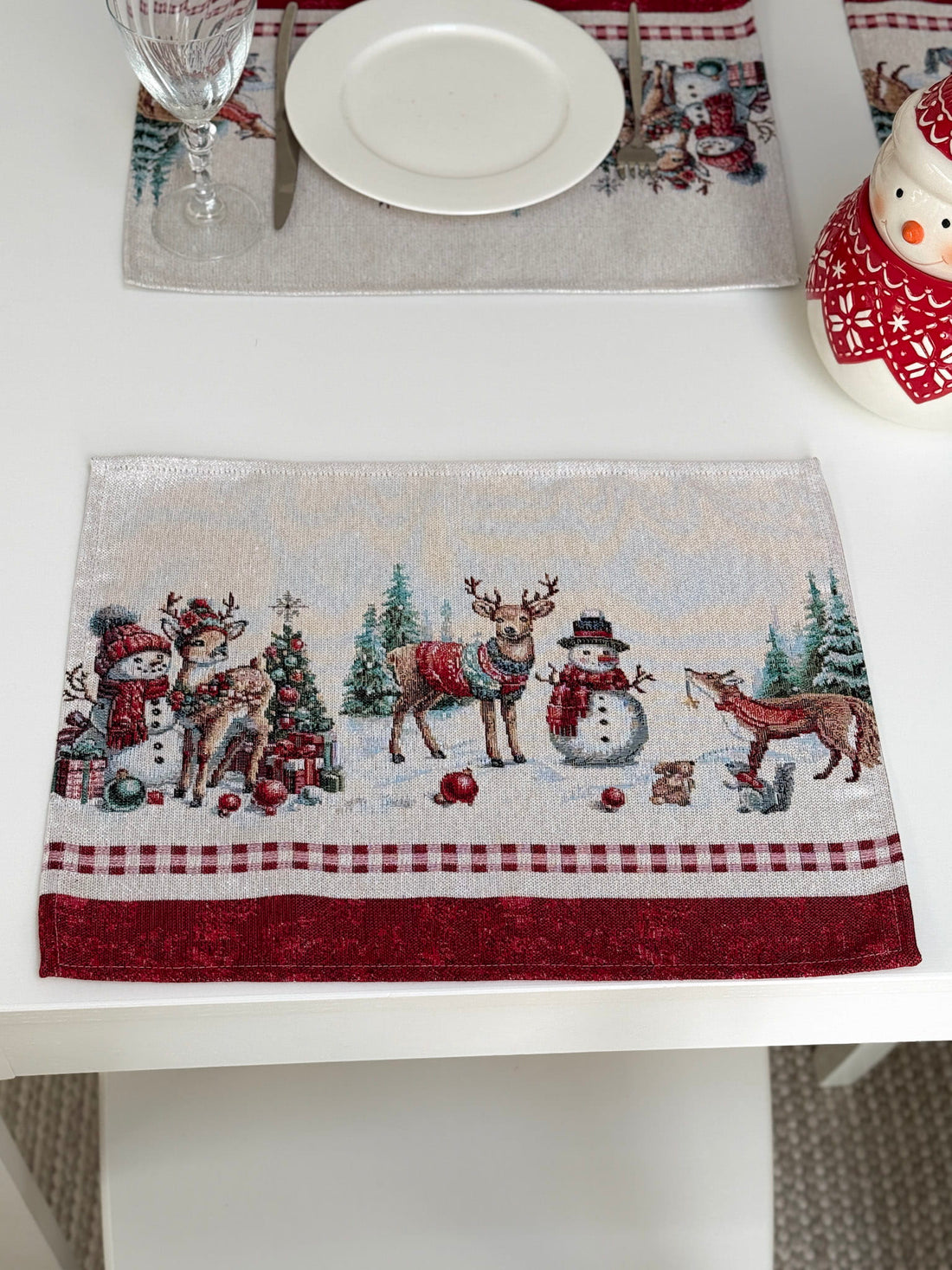 Winter Holiday Placemat set «Snowman Tales» with silver thread - High quality tapestry