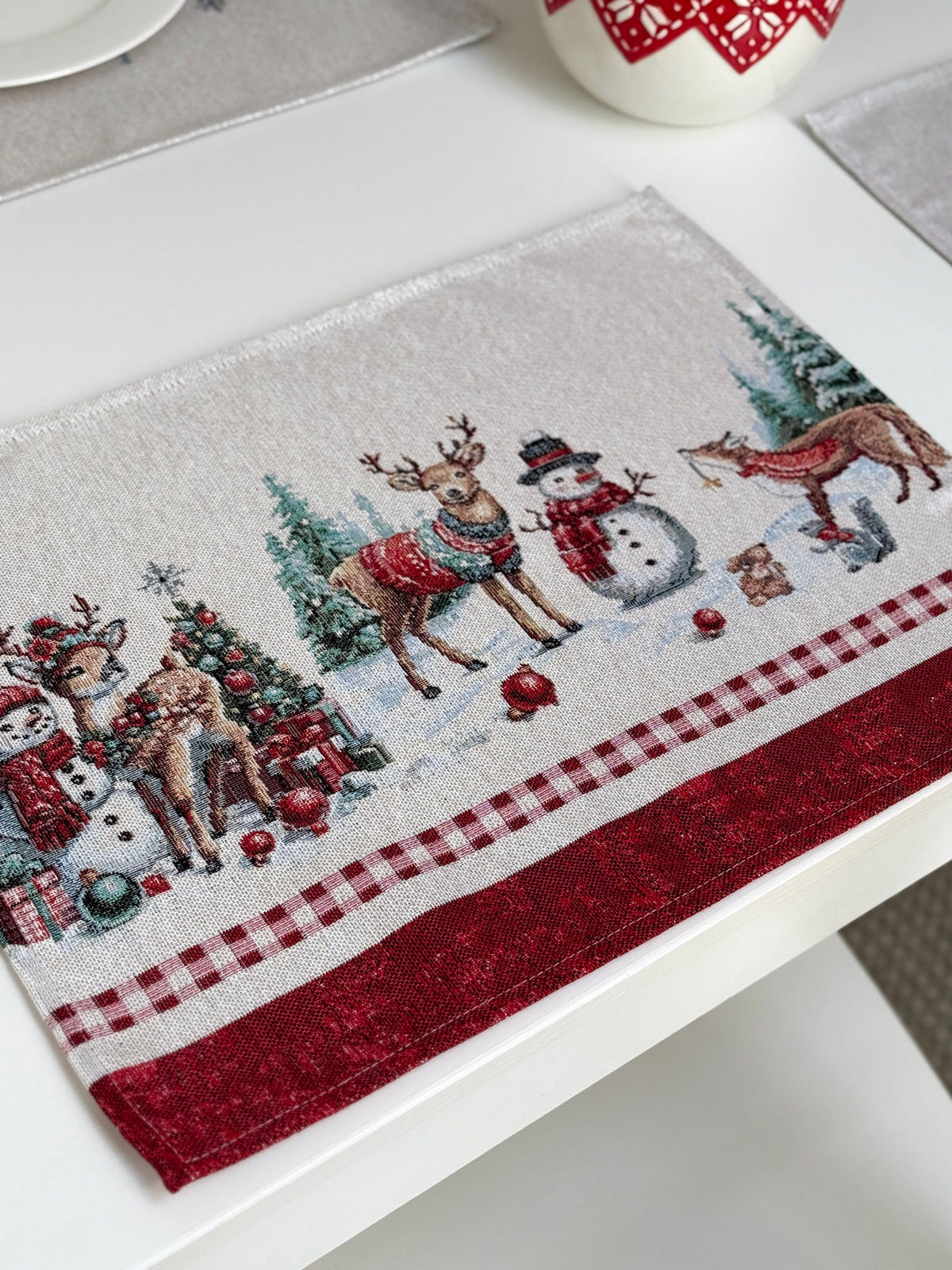 Winter Holiday Placemat set «Snowman Tales» with silver thread - High quality tapestry