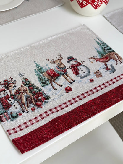 Winter Holiday Placemat set «Snowman Tales» with silver thread - High quality tapestry