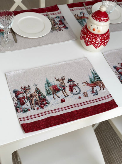 Winter Holiday Placemat set «Snowman Tales» with silver thread - High quality tapestry
