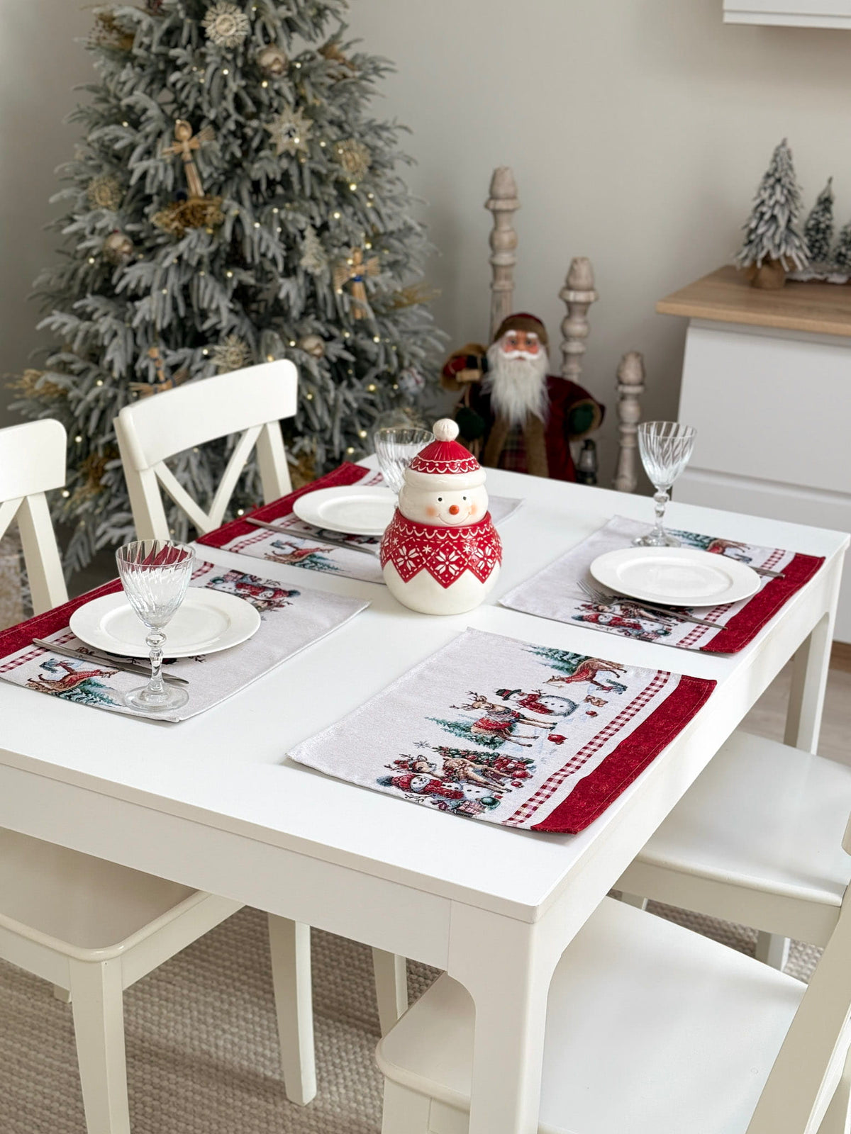 Winter Holiday Placemat set «Snowman Tales» with silver thread - High quality tapestry